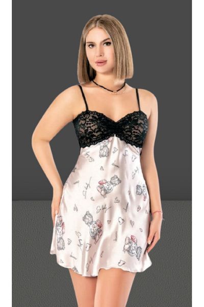 Cooqpoo Cămașă de noapte neagră subțire din satin Mărimea pieptului cu ursuleți din dantelă S-M-L-XL
