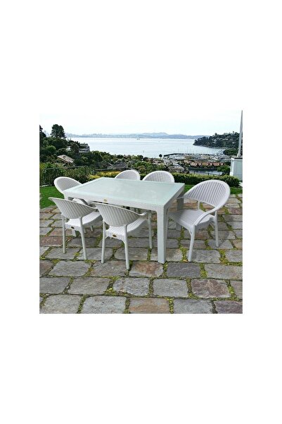 nar sokağı Bambu Beyaz 90x150 Cm Camlı Rattan Bahçe Balkon Masa Takımı
