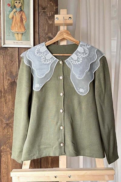 Ceylan Otantik Khaki Knitwear Cardigan with Lace Collar