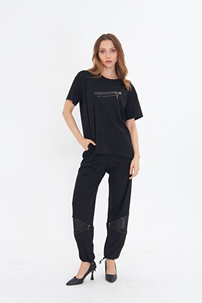 LAMANTE PAÇA DETAYLI SİYAH TASARIM PANTOLON