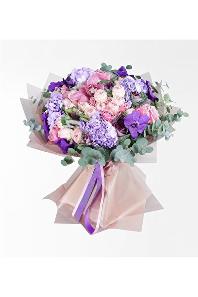 Rosebox Mor Ortanca, Çardak Güller Ve Vanda Orkide Çiçek Buketi