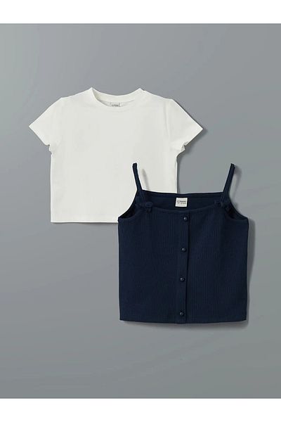 LC Waikiki Lcw Kids Ecru Crew Neck Girls Crop T-Shirt and Tank Top