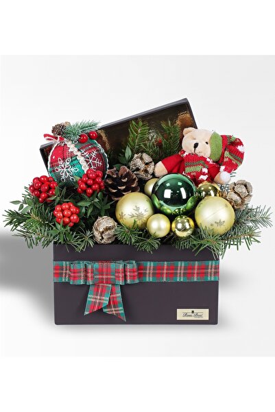 Rosebox Kokina, Ekoseli Süsler Ve Noel Baba Ayıcıklı Yılbaşı Aranjmanı Xl