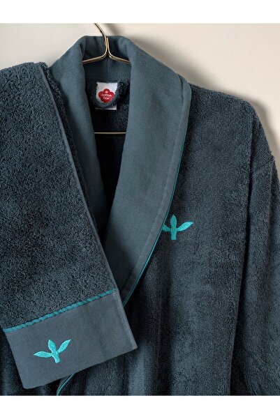 Cotton Box Puff Embroidered Family Bathrobe Set Gaja Beige-Petrol