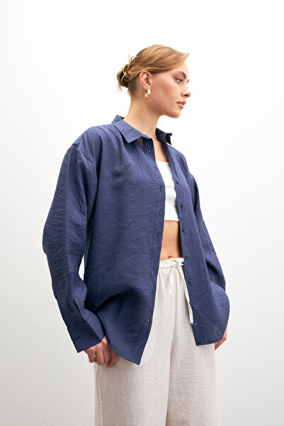 Bipantolon Жіноча синя сорочка з м'якою фактурою, оверсайз, з довгими рукавами, з модалу