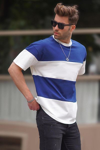 Madmext Μπλουζάκι με λαιμόκοψη υπερμεγέθης μπλε Navy Color Blocked - 7020