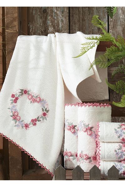 Dantela Kod-8400 50x90 Embroidered Cotton Towel Set - 6-Piece Cream