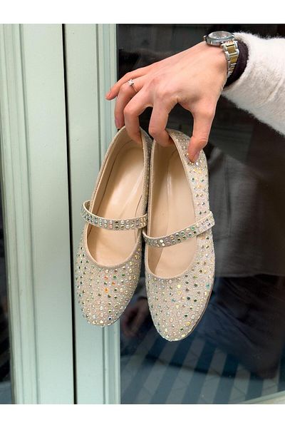 ERVANIN BUTİĞİ Beige Suede (Keith) Stone Detail Women's Ballerinas