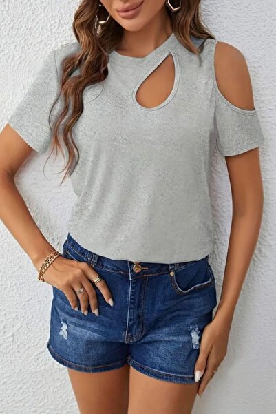 Mossta Gray Off-Shoulder Viscose Blouse with Drop Collar
