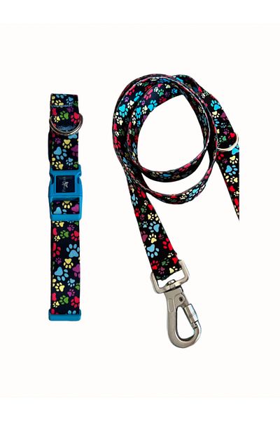 PAWLOOK Colorful Paw, Dog Walking Strap, Dog Collar, Set of Two, Blue Leash