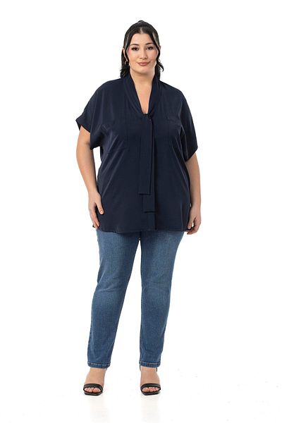 DISENTIS MODEST Large Size Tie-Up Collar Detail Low Half Sleeve Navy Blue Blouse