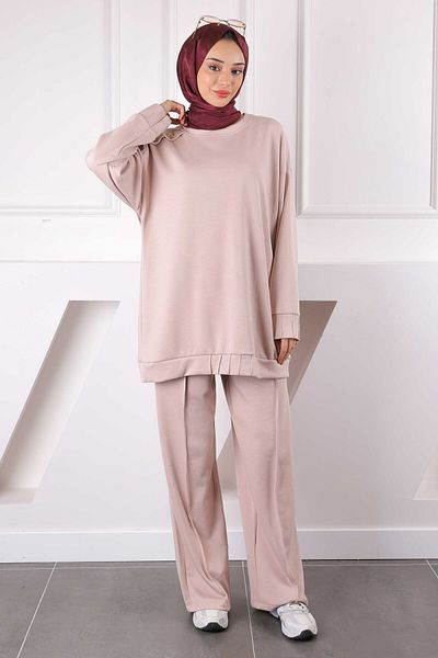 İmajButik Μπεζ κοστούμι με κουμπιά ώμου με παντελόνι τουνίκ