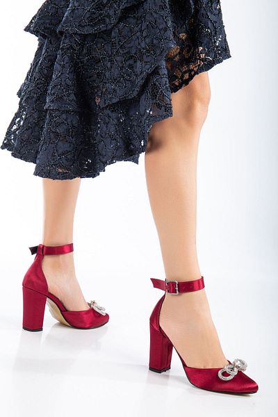 Hayalimdeki Ayakkabı Nenya Claret Red Satin Stone Detailed Heeled Women's Shoes