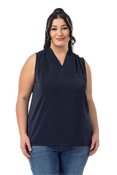 DISENTIS MODEST Plus Size Shoulder Pleat Detailed V-Neck Sleeveless Navy Blue Blouse