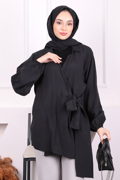 İmajButik Kimono negru cu cravată laterală