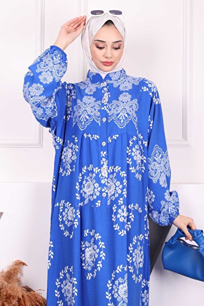 İmajButik Φόρεμα Viscon με μπλε σχέδιο Saks