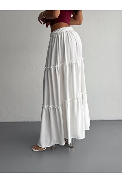 YUSUF CAN KARATAŞ KARATAŞ GİYİM Women's Large Size White Color Elastic Waist Ruffled Woven Fabric Long Skirt Length 100 cm