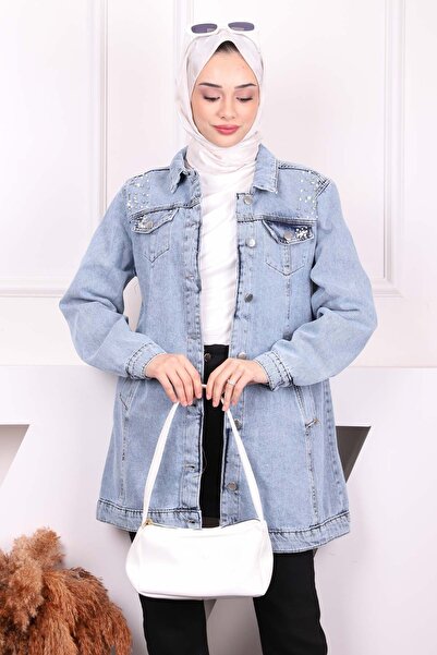 İmajButik Blue Pearl Embroidered Denim Jacket
