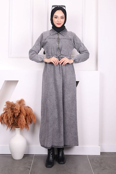 İmajButik Καπνιστό τζιν φόρεμα με φερμουάρ μπροστά στη μέση