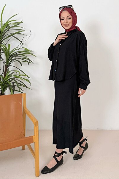 Bestenur 1362 Μαύρο πουκάμισο με κουλουριά Φόρεμα δύο τεμαχίων