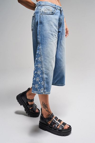 its basic Blugi de damă, culoare albastră, 2S5-75, cu broderie de flori, pantaloni scurți din denim cu design maxi