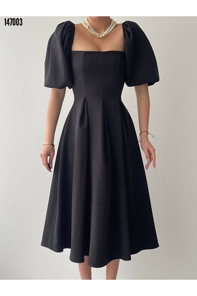 JANES Women S Red Midi Dress with Balloon Sleeves and A-Line Hem - Elegant and Chic Design