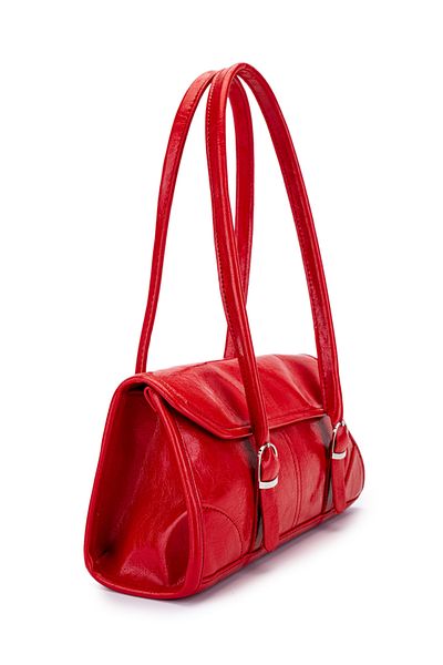minebag Faux Leather Baguette Double Buckle Liars Red Women's Shoulder Bag
