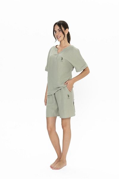 U.S. Polo Assn. 20017 Women's Haki Short Sleeve Patched Muslin Fabric Shorts Set