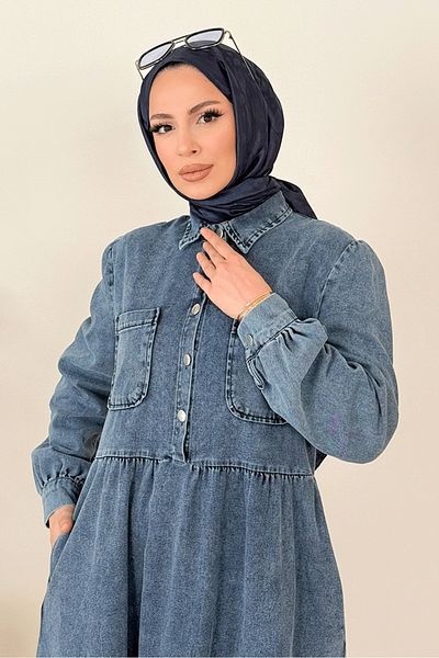 Bestenur Blue Narel Shirt 1376 - Collar Denim Dress