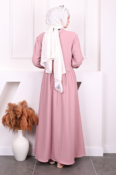 İmajButik Gül Kurusu Kol Lastikli Yaka Bağlamalı Bürümcük Elbise