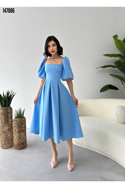 JANES Women S Red Midi Dress with Balloon Sleeves and A-Line Hem - Elegant and Chic Design