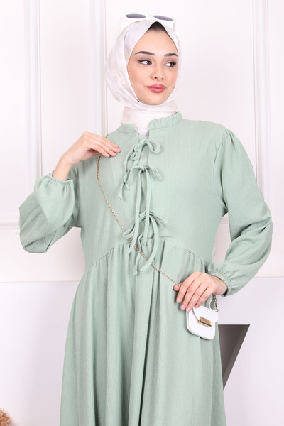 İmajButik Φόρεμα με πράσινο μανίκι με ελαστικό γιακά με γραβάτα