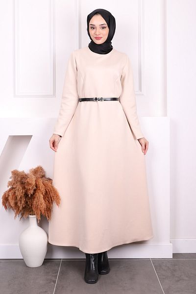 İmajButik Μπεζ φόρεμα κατάδυσης με ζώνη μέσης