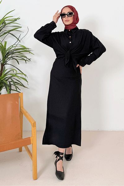 Bestenur 1362 Black Wrinkled Shirt Dress Double Set