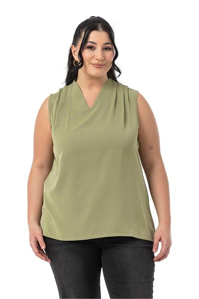 DISENTIS MODEST Plus Size Shoulder Pleat Detail V-Neck Sleeveless Pistachio Green Blouse