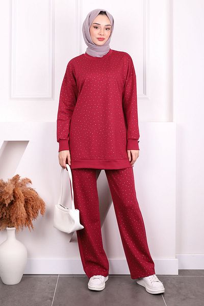 İmajButik Claret Red Stone Λεπτομερές τουνίκ Παντελόνι Oys Σετ