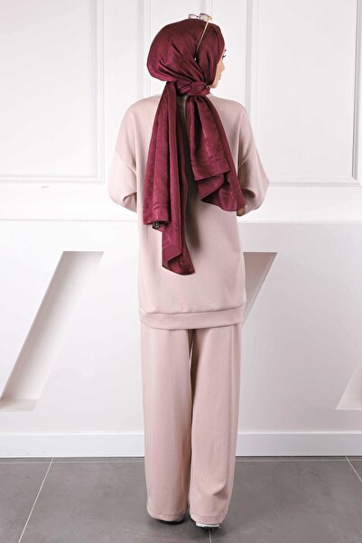 İmajButik Beige Buttoned Shoulder Tunic Trousers Modal Suit