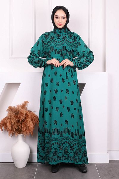 İmajButik Σμαραγδένια Πράσινη Φούστα με Σχέδιο Πολυεπίπεδο Φόρεμα Viscon