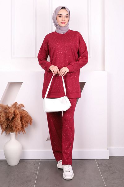 İmajButik Claret Red Stone Λεπτομερές τουνίκ Παντελόνι Oys Σετ