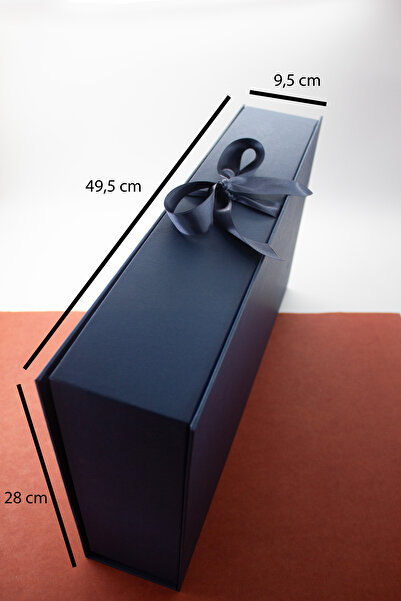 carton box Lacivert Kurdela Detaylı Büyük Hediye / Çeyiz Kutusu | 49,5x28x9,5 Cm | Sert Karton Kutusu