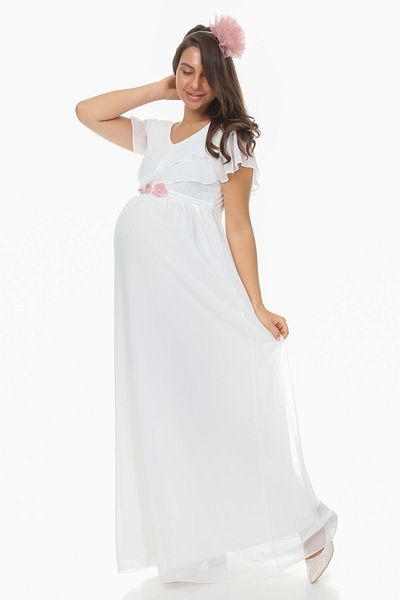 Işşıl 6019-rochie maxi de maternitate din șifon cu guler plisat cu perle