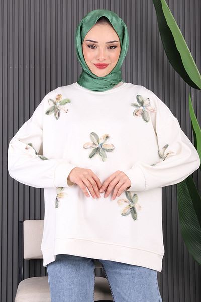 İmajButik Εκρού Floral Modal Sweat