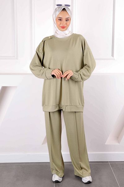 İmajButik Μοντάλ κοστούμι χακί με κουμπιά ώμου με παντελόνι τουνίκ