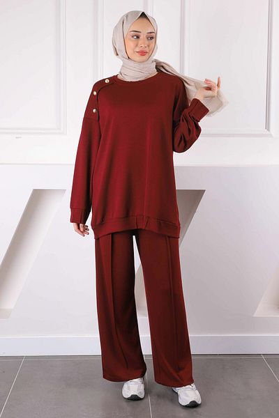 İmajButik Μπορντό Κοστούμι Modal με κουμπιά ώμου με παντελόνι τουνίκ