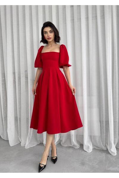 JANES Women S Red Midi Dress with Balloon Sleeves and A-Line Hem - Elegant and Chic Design