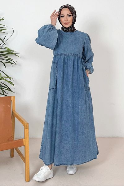 Bestenur Τζιν Φόρεμα Anfil Balloon Sleeve 1392 - Μπλε
