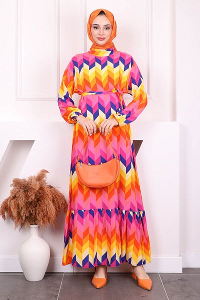 İmajButik Φούξια κίτρινη φούστα με σχέδιο με στρώσεις Viscon φόρεμα