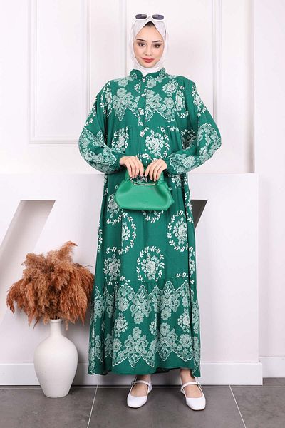 İmajButik Φόρεμα Viscon με πράσινο σχέδιο με μισό κουμπί