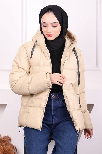 İmajButik Μπεζ πουπουλένιο παλτό με κουκούλα και τσέπες