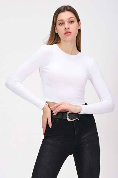 PUNKY CAT Women's White Long Sleeve Ribbed Blouse Crop Knitted T-Shirt